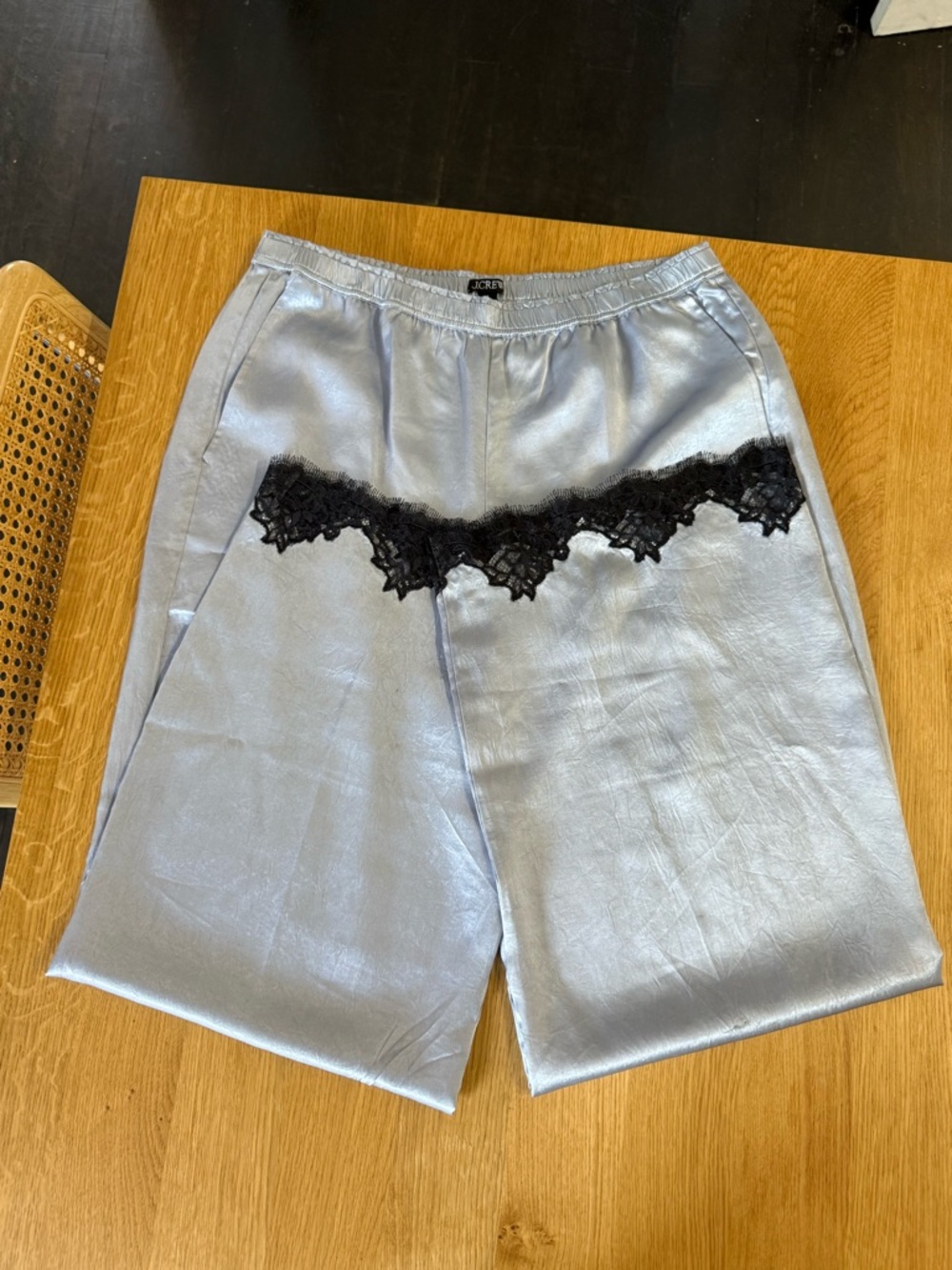 J. Crew Light Blue Satin Wide-Leg Pants with Black Lace Trim - Picture 5 of 8